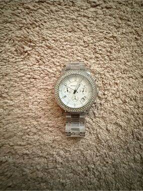 Authentic Michael Kors Silver-Tone Dial Clear Acrylic Bracelet Watch